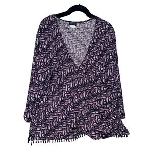 Y2K MSK Surplice Blouse Womens 3X Purple Black Abstract Beaded Tassel Jersey Top